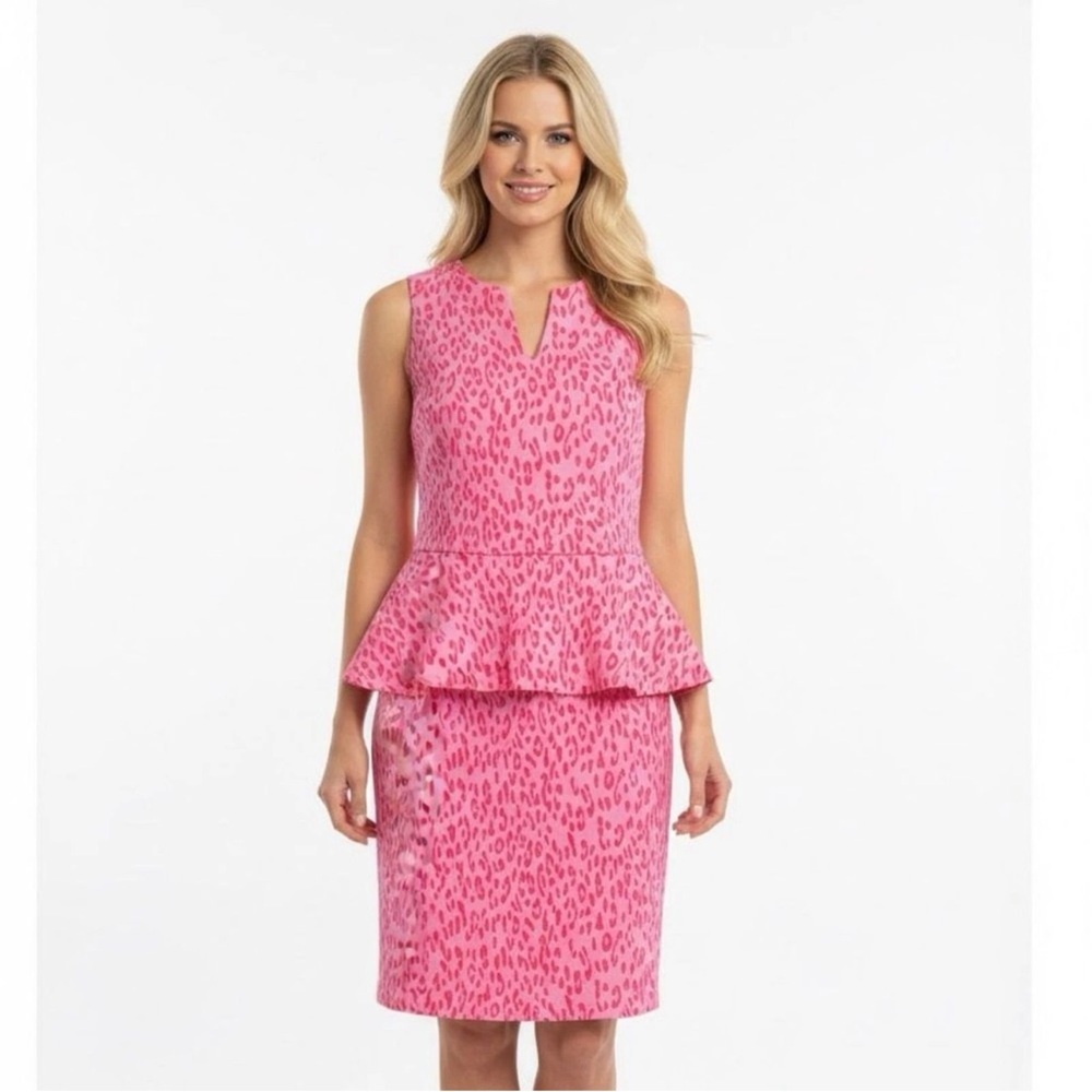 NWT Tyler Boe Pink Cheetah Lotus Peplum Dress Sleeveless Stretch New